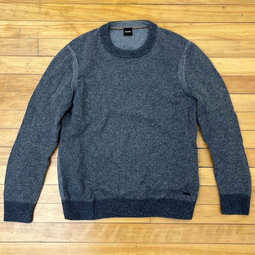 HUGO BOSS Mens Wool Cotton Blend Micro Stripe Crew Neck Sweater Grey XL